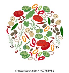 Round template with different vegetables, cheese and meat. Object for your design, announcements, fabrics, cards, posters, restaurant and cafe menu.