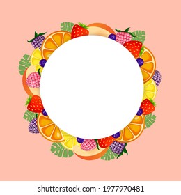 Round template with empty space for text with raspberry, blackberry, strawberry, blueberry, peach, orange and greenery. Vector cartoon elements of berries and fruits. Vector illustration. Copy space