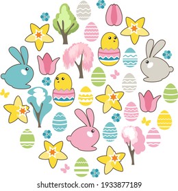 Round template with festive Easter elements. Circle with cute childish ornament. Pretty illustration can be used as spring design template.