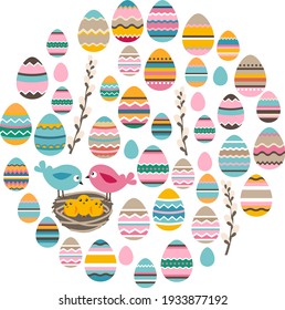 Round template with festive Easter elements, birds and eggs. Circle with cute childish ornament. Pretty illustration can be used as spring design template.