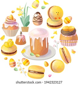 Round template with festive Easter elements, traditional food and painted eggs.  Circle with desserts, drinks and pastry. Pretty illustration can be used as food template for restaurant and cafe menu.