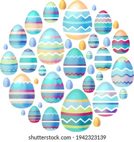 Round template with festive Easter elements, painted eggs. Circle with cute childish ornament. Pretty illustration can be used as spring template.