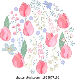 Round template with festive romantic floral elements. Circle with cute childish ornament. Pretty illustration can be used as spring design template.