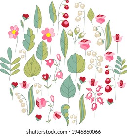 Round template with floral elements, berries and leaves. Circle with cute childish ornament. Pretty illustration can be used as spring and summer template.