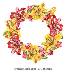 Round Template Flower Bouquets on isolated background. Vector Colorful blooming branches. Flower composition for your design Wedding invitations, Thank You Card, Save the Date card and etc