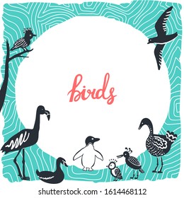 Round template frame with birds - flying, swimming, standing. Aquamarine doodle border with animals silhouettes. Seagull, penguin, flamingo. 
Square outer edge. Bicolor palette plus red and blue