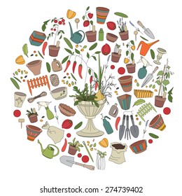 Plantilla redonda con herramientas de jardinería, macetas de flores, hierbas y verduras