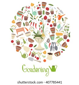 Plantilla redonda con herramientas de jardinería, macetas de flores y verduras