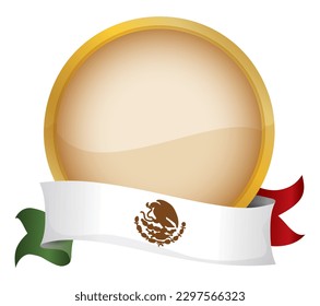 Plantilla redonda con marco dorado, envuelta con bandera mexicana en efecto degradado.