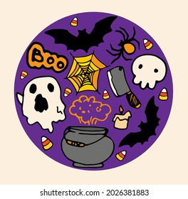 Round template for Halloween. Vector round pattern of a ghost, bats, and a witch's bowler hat drawn in doodle style, in orange and white colors on a purple background for a Halloween party