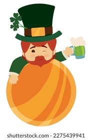 Round template like gold coin with drunken Leprechaun with green top hat, shamrocks and toasting with green beer mug. Design in cartoon style over white background.