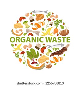 Round template Organic waste theme. Collection of fruits and vegetables. No food wasted. Set of leftovers. Illustration for organic waste, zero waste theme, modern environmental problem. Flat vector