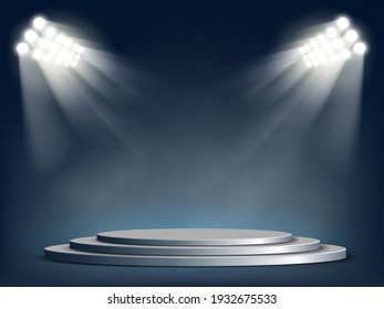 Round template podium or stage illuminated by floodlight. Vector background