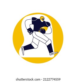 Round Template With Rugby Player Running With The Ball. Sportsman In Modern Outline Minimal Design. Flat Art Vector Illustration