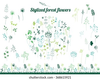 Round template and seamless horizontal texture with stylized herbs and plants.  Elegant silhouette. Template for your design, floral greeting cards, announcements, posters.