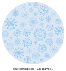 Round template with snowflakes. Circular winter snowfall background. Copy space card for seasonal design. Beautiful silhouette of crystals on blue circle background, vector illustration