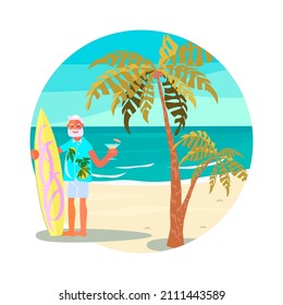 Round template summer activity. Elderly man character with surfboard and cocktail on a sea beach. Flat Art vector Illustration.
