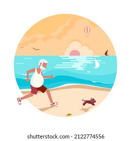 Round template summer activity. Elderly man jogging with his dog against background of sea sunset on the beach. Flat Art Vector illustration