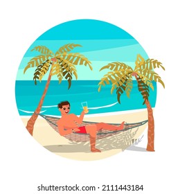 Round template summer activity. Young handsome man lies in a hammock between palm trees on the beach and sunbathes. Flat Art vector Illustration.