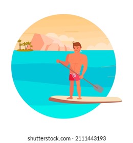 Round template summer activity. Young man stands Up Paddle Surfing in the sea. Flat Art vector Illustration.