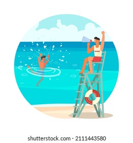 Round template summer activity. Young man drowns in the sea. Male lifeguard saving a drowned, professional rescuer on duty rushing to the rescue. Flat Art vector Illustration.