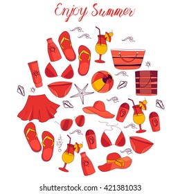 Round template with summer symbols for your design isolated on white