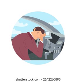 Round template with tired man sleeping at the wheel inside of his car. Sleepy guy while driving as a result of insomnia and lack of sleep. Flat Art Vector Illustration