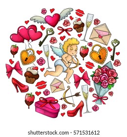 Round template with Valentine's Day icons. Colorful sketch style illustration for Valentine's Day greeting card and decoration. Vector.