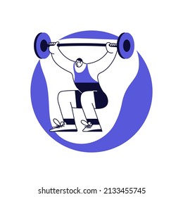 Round template with Weightlifter lifting a big barbell isolated on white background. Male sportsman in modern outline minima design. Flat Art Vector Illustration