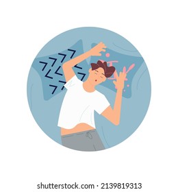Round template with Young man character is lying on back and sound asleep. Flat Art Vector illustration