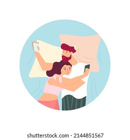 Round template with Young Pair of lovers are lying in the bed, man and woman hugging each other and surfing internet on their smartphones. Gadget addiction concept. Flat Art Vector Illustration