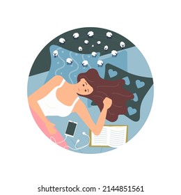 Round template with Young woman character is lying on back in bed with insomnia. Female Insomniac is counting sheeps. Sleeping control concept. Flat Art Vector illustration