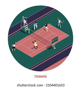 Round tennis isometric composition four people play on one court and the referee sits on a chair vector illustration