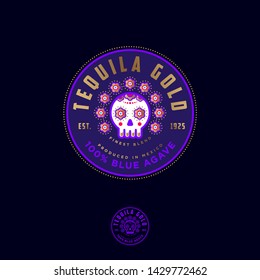 Round Tequila Labels. Tequila Gold Packaging Design. Lettering Composition And Traditional Skull With Flowers At Day Of All The Dead. 