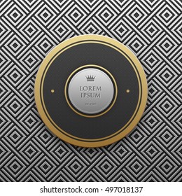 Round text banner template on silver/platinum metallic background with seamless geometric pattern. Elegant luxury style.
