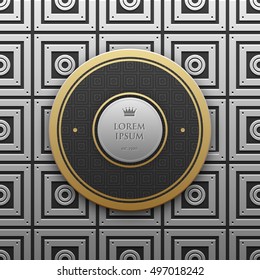Round text banner template on silver/platinum metallic background with seamless geometric pattern. Elegant luxury style.