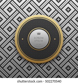 Round text banner template on silver/platinum metallic background with seamless geometric pattern. Elegant luxury style.