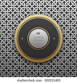 Round text banner template on silver/platinum metallic background with seamless geometric pattern. Elegant luxury style.