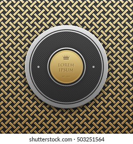 Round text banner template on golden metallic background with seamless geometric pattern. Elegant luxury style.