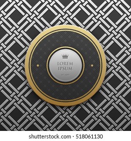 Round text banner template on silver/platinum metallic background with seamless geometric pattern. Elegant luxury style.