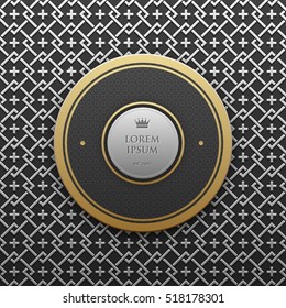 Round text banner template on silver/platinum metallic background with seamless geometric pattern. Elegant luxury style.