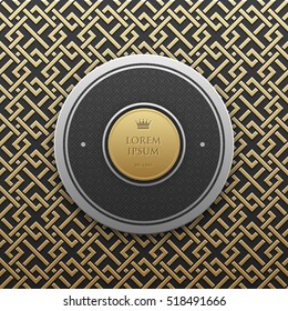 Round text banner template on golden metallic background with seamless geometric pattern. Elegant luxury style.