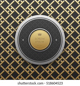Round text banner template on golden metallic background with seamless geometric pattern. Elegant luxury style.