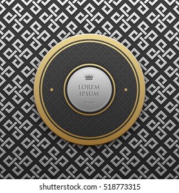 Round text banner template on silver/platinum metallic background with seamless geometric pattern. Elegant luxury style.