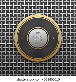 Round text banner template on silver/platinum metallic background with seamless geometric pattern. Elegant luxury style.