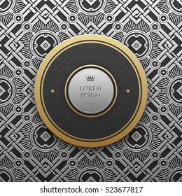 Round Text Banner Template On Silver/platinum Metallic Background With Seamless Geometric Pattern. Elegant Luxury Style.