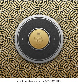 Round text banner template on golden metallic background with seamless geometric pattern. Elegant luxury style.