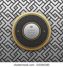 Round text banner template on silver/platinum metallic background with seamless geometric pattern. Elegant luxury style.