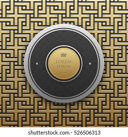Round text banner template on golden metallic background with seamless geometric pattern. Elegant luxury style.