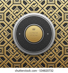 Round text banner template on golden metallic background with seamless geometric pattern. Elegant luxury style.